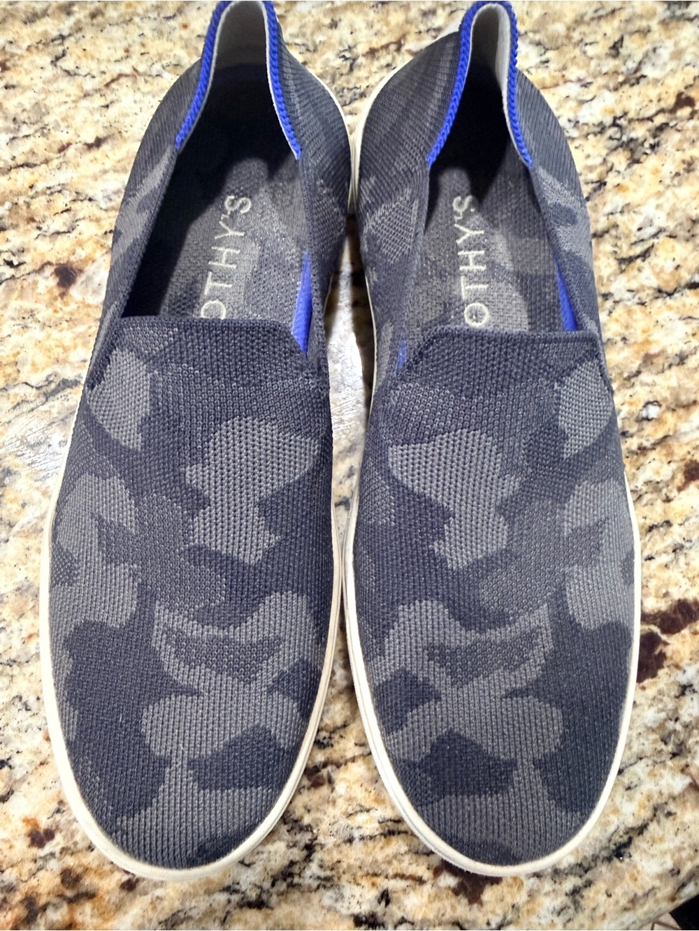 Rothy's Women's Charcoal Camouflage Slip-On Loafers with Blue Trim